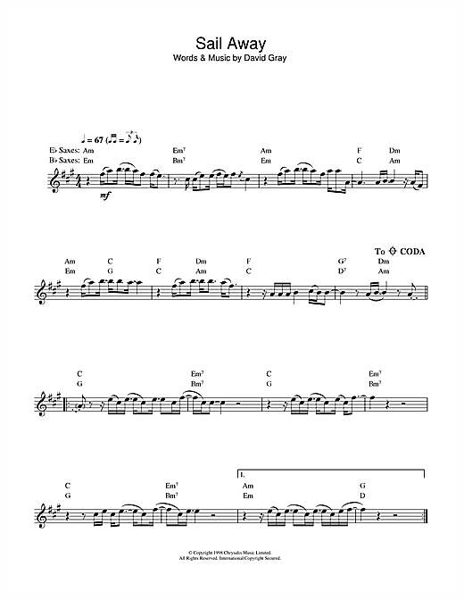 Learn to play David Gray Sail Away sheet music for Alto Saxophone in minutes. David Gray Sail Away sheet music notes and chords. Download Printable PDF.