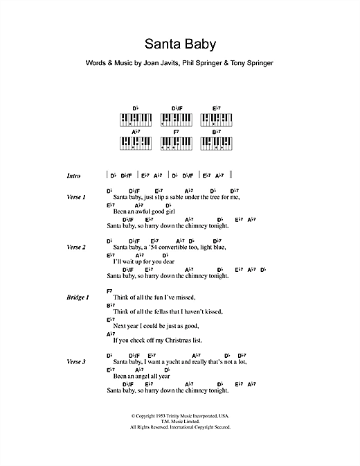 Learn to play Eartha Kitt Santa Baby sheet music for Lyrics & Piano Chords in minutes. Eartha Kitt Santa Baby sheet music notes and chords. Download Printable PDF.