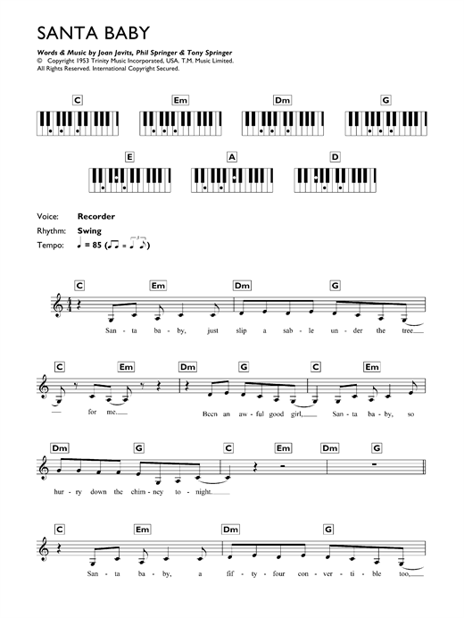 Learn to play Eartha Kitt Santa Baby sheet music for Keyboard in minutes. Eartha Kitt Santa Baby sheet music notes and chords. Download Printable PDF.