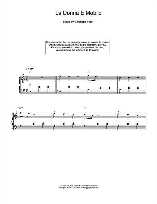 Learn to play Giuseppe Verdi La Donna E Mobile sheet music for Beginner Piano in minutes. Giuseppe Verdi La Donna E Mobile sheet music notes and chords. Download Printable PDF.