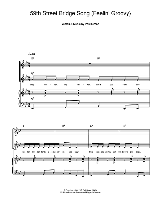 Learn to play Simon & Garfunkel The 59th Street Bridge Song (Feelin' Groovy) sheet music for 2-Part Choir in minutes. Simon & Garfunkel The 59th Street Bridge Song (Feelin' Groovy) sheet music notes and chords. Download Printable PDF.