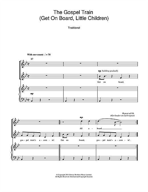 Learn to play Traditional The Gospel Train (Get On Board Little Children) sheet music for 2-Part Choir in minutes. Traditional The Gospel Train (Get On Board Little Children) sheet music notes and chords. Download Printable PDF.