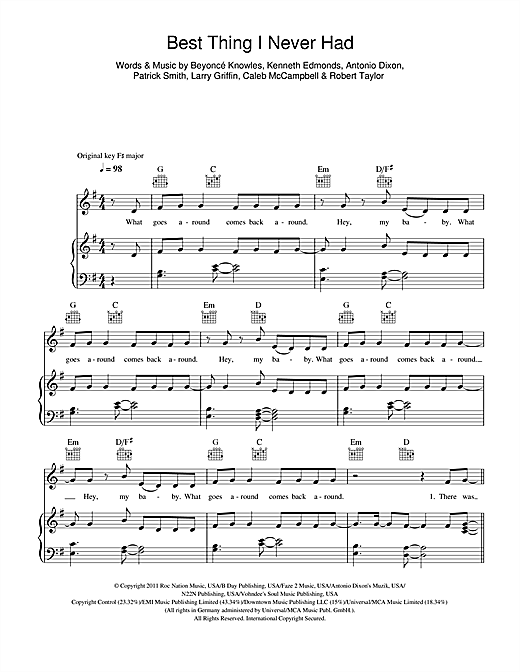 Learn to play Beyoncé Best Thing I Never Had sheet music for Piano, Vocal & Guitar (Right-Hand Melody) in minutes. Beyoncé Best Thing I Never Had sheet music notes and chords. Download Printable PDF.