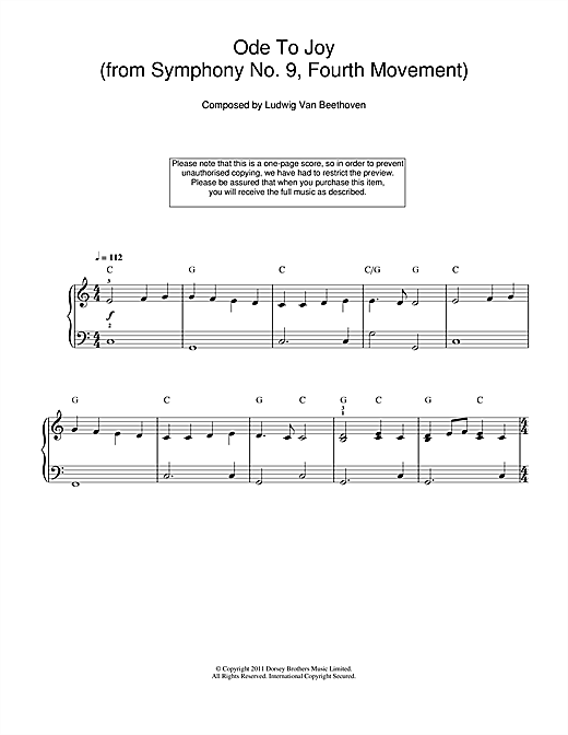 Learn to play Ludwig van Beethoven Ode To Joy from Symphony No. 9, Fourth Movement sheet music for Beginner Piano in minutes. Ludwig van Beethoven Ode To Joy from Symphony No. 9, Fourth Movement sheet music notes and chords. Download Printable PDF.