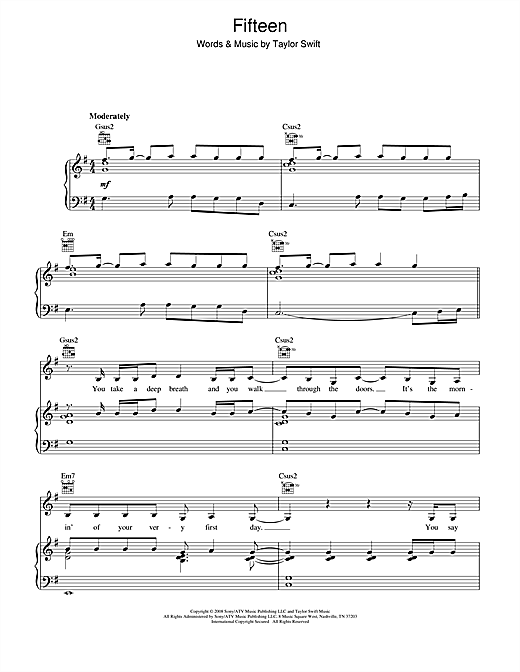 Learn to play Taylor Swift Fifteen sheet music for Piano, Vocal & Guitar (Right-Hand Melody) in minutes. Taylor Swift Fifteen sheet music notes and chords. Download Printable PDF.