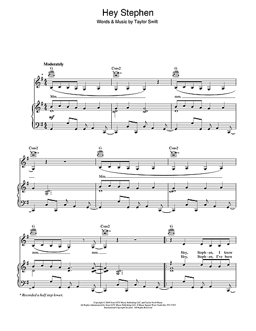 Learn to play Taylor Swift Hey Stephen sheet music for Piano, Vocal & Guitar (Right-Hand Melody) in minutes. Taylor Swift Hey Stephen sheet music notes and chords. Download Printable PDF.