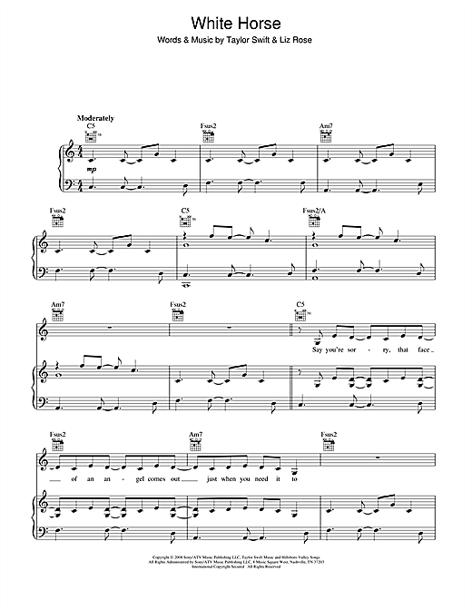 Learn to play Taylor Swift White Horse sheet music for Piano, Vocal & Guitar (Right-Hand Melody) in minutes. Taylor Swift White Horse sheet music notes and chords. Download Printable PDF.