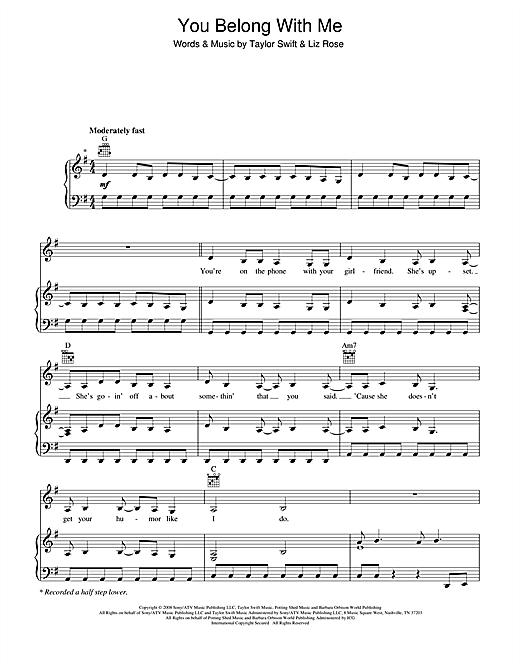 Learn to play Taylor Swift You Belong With Me sheet music for Piano, Vocal & Guitar (Right-Hand Melody) in minutes. Taylor Swift You Belong With Me sheet music notes and chords. Download Printable PDF.
