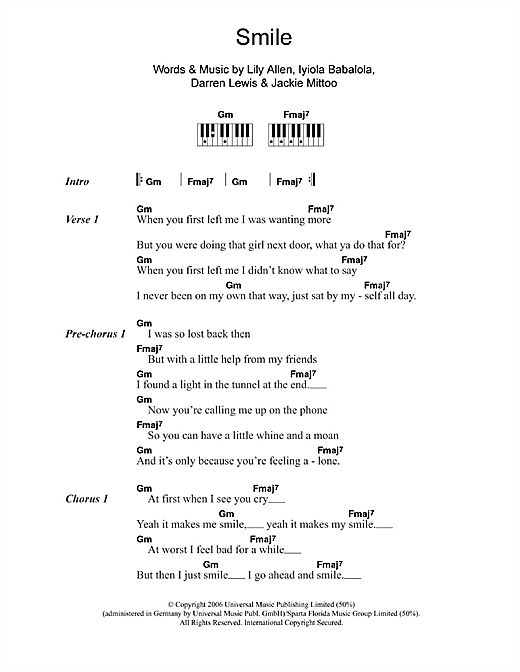 Learn to play Lily Allen Smile sheet music for Lyrics & Piano Chords in minutes. Lily Allen Smile sheet music notes and chords. Download Printable PDF.