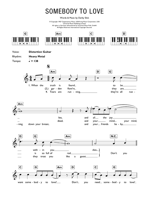 Learn to play Jefferson Airplane Somebody To Love sheet music for Keyboard in minutes. Jefferson Airplane Somebody To Love sheet music notes and chords. Download Printable PDF.