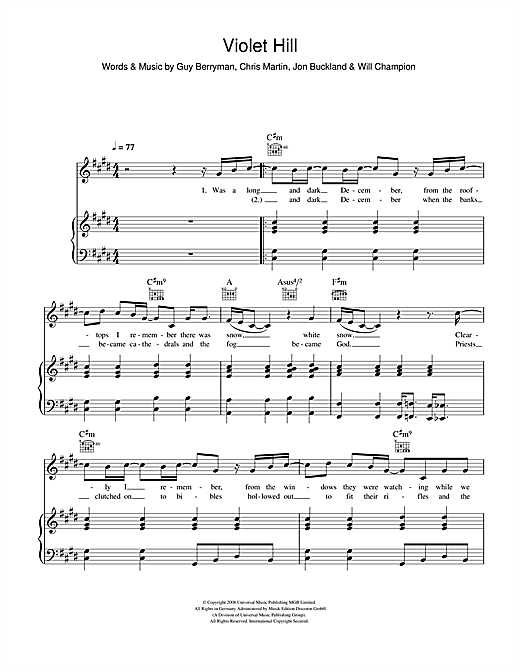 Learn to play Coldplay Violet Hill sheet music for Piano, Vocal & Guitar in minutes. Coldplay Violet Hill sheet music notes and chords. Download Printable PDF.