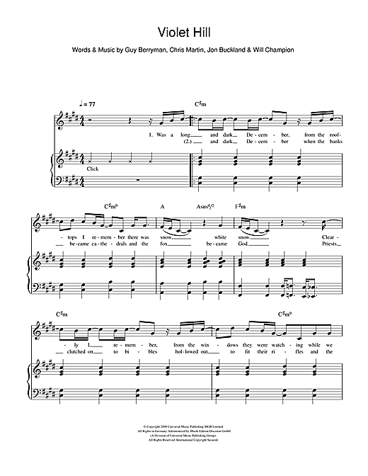 Learn to play Coldplay Violet Hill sheet music for Piano, Vocal & Guitar in minutes. Coldplay Violet Hill sheet music notes and chords. Download Printable PDF.