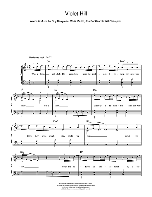 Learn to play Coldplay Violet Hill sheet music for Beginner Piano in minutes. Coldplay Violet Hill sheet music notes and chords. Download Printable PDF.