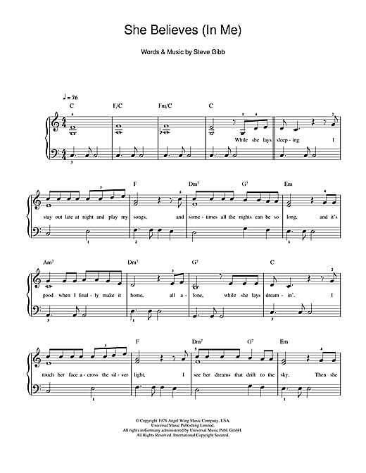 Learn to play Ronan Keating She Believes (in Me) sheet music for Beginner Piano in minutes. Ronan Keating She Believes (in Me) sheet music notes and chords. Download Printable PDF.