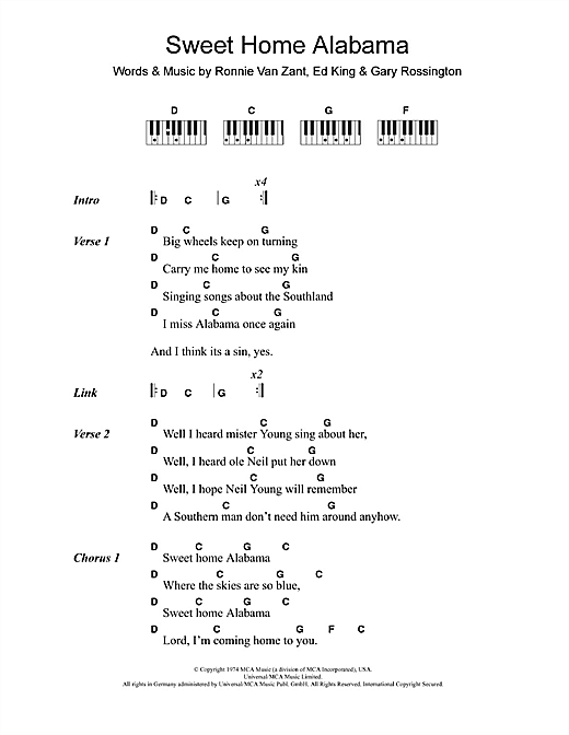 Learn to play Lynyrd Skynyrd Sweet Home Alabama sheet music for Lyrics & Piano Chords in minutes. Lynyrd Skynyrd Sweet Home Alabama sheet music notes and chords. Download Printable PDF.