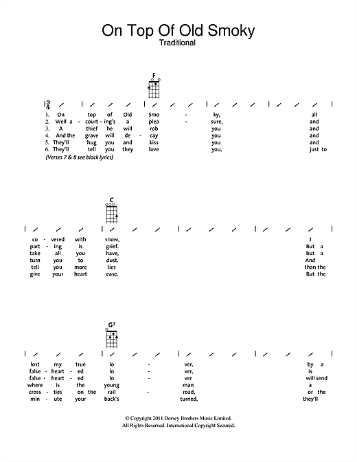 Learn to play Traditional On Top Of Old Smoky sheet music for Ukulele with strumming patterns in minutes. Traditional On Top Of Old Smoky sheet music notes and chords. Download Printable PDF.