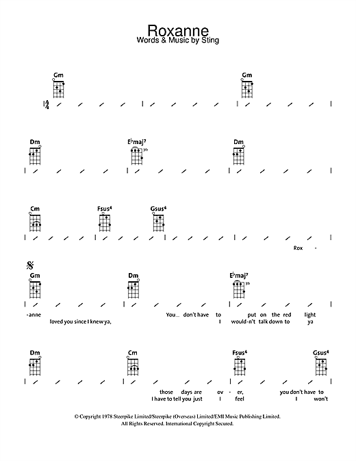 Learn to play The Police Roxanne sheet music for Ukulele with strumming patterns in minutes. The Police Roxanne sheet music notes and chords. Download Printable PDF.