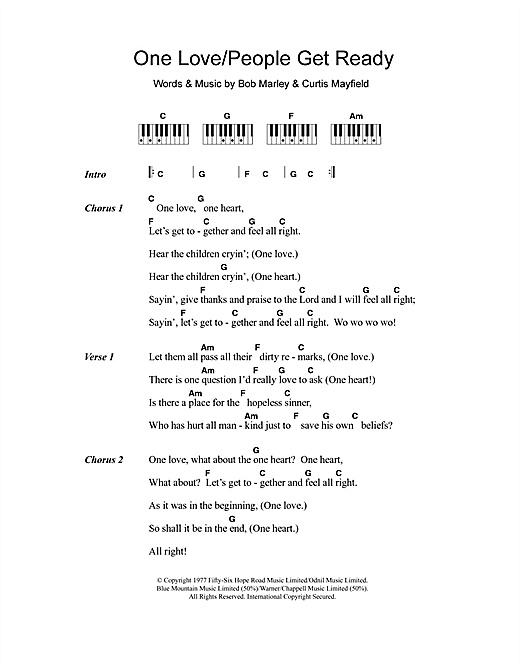 Learn to play Bob Marley One Love/People Get Ready sheet music for Lyrics & Piano Chords in minutes. Bob Marley One Love/People Get Ready sheet music notes and chords. Download Printable PDF.