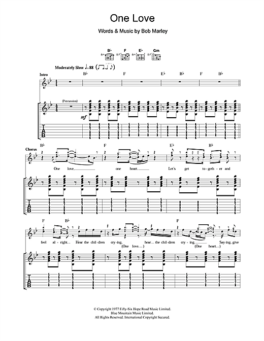 Learn to play Bob Marley One Love sheet music for Guitar Tab in minutes. Bob Marley One Love sheet music notes and chords. Download Printable PDF.
