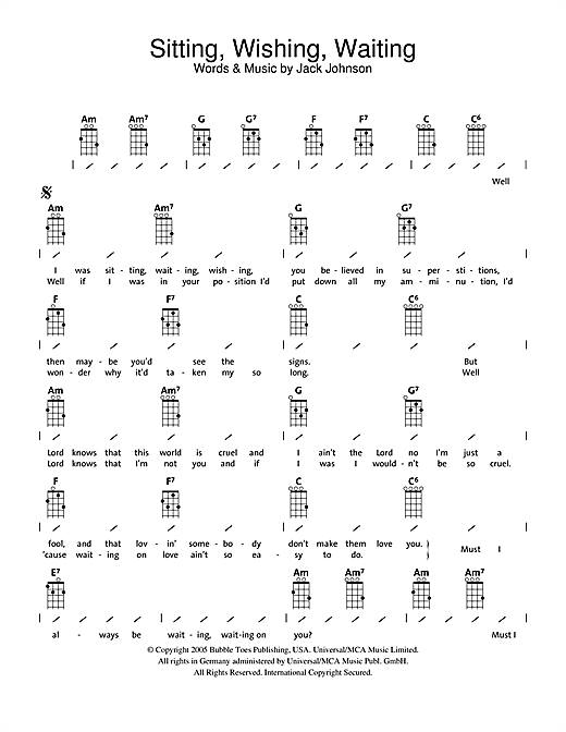 Learn to play Jack Johnson Sitting, Waiting, Wishing sheet music for Ukulele with strumming patterns in minutes. Jack Johnson Sitting, Waiting, Wishing sheet music notes and chords. Download Printable PDF.