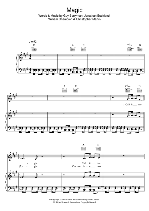 Learn to play Coldplay Magic sheet music for Piano, Vocal & Guitar (Right-Hand Melody) in minutes. Coldplay Magic sheet music notes and chords. Download Printable PDF.
