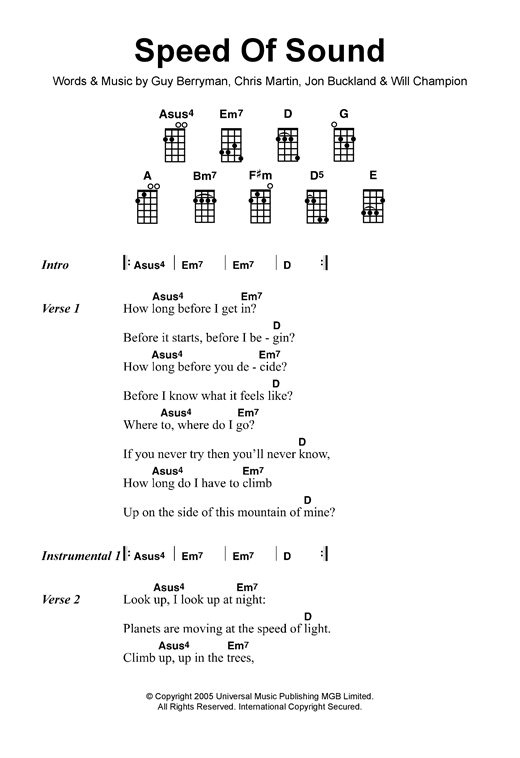 Learn to play Coldplay Speed Of Sound sheet music for Ukulele in minutes. Coldplay Speed Of Sound sheet music notes and chords. Download Printable PDF.