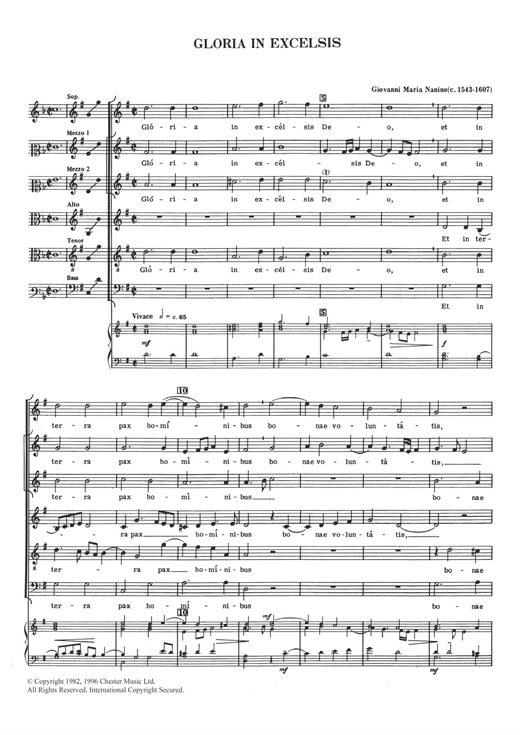 Learn to play Giovanni Maria Nanino Gloria In Excelsis sheet music for Choral SAATB in minutes. Giovanni Maria Nanino Gloria In Excelsis sheet music notes and chords. Download Printable PDF.
