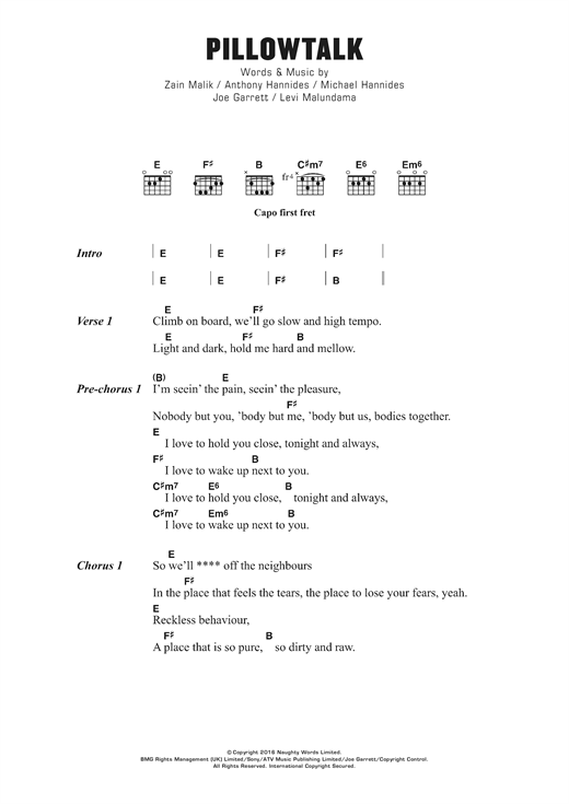 Learn to play ZAYN Pillowtalk sheet music for Lyrics & Chords in minutes. ZAYN Pillowtalk sheet music notes and chords. Download Printable PDF.