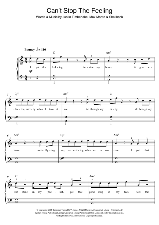 Justin Timberlake Cant Stop The Feeling Sheet Music Notes Chords Beginner Piano Download