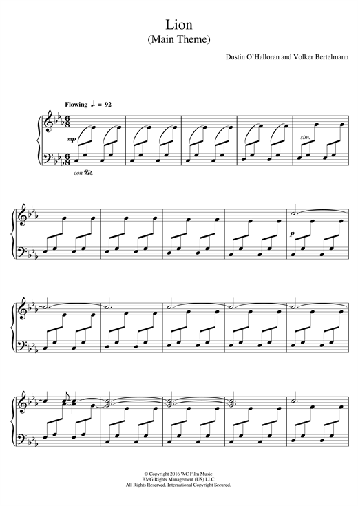 Dustin O Halloran Hauschka Main Theme From Lion Sheet Music Notes Chords Piano Download Film And Tv 124134 Pdf