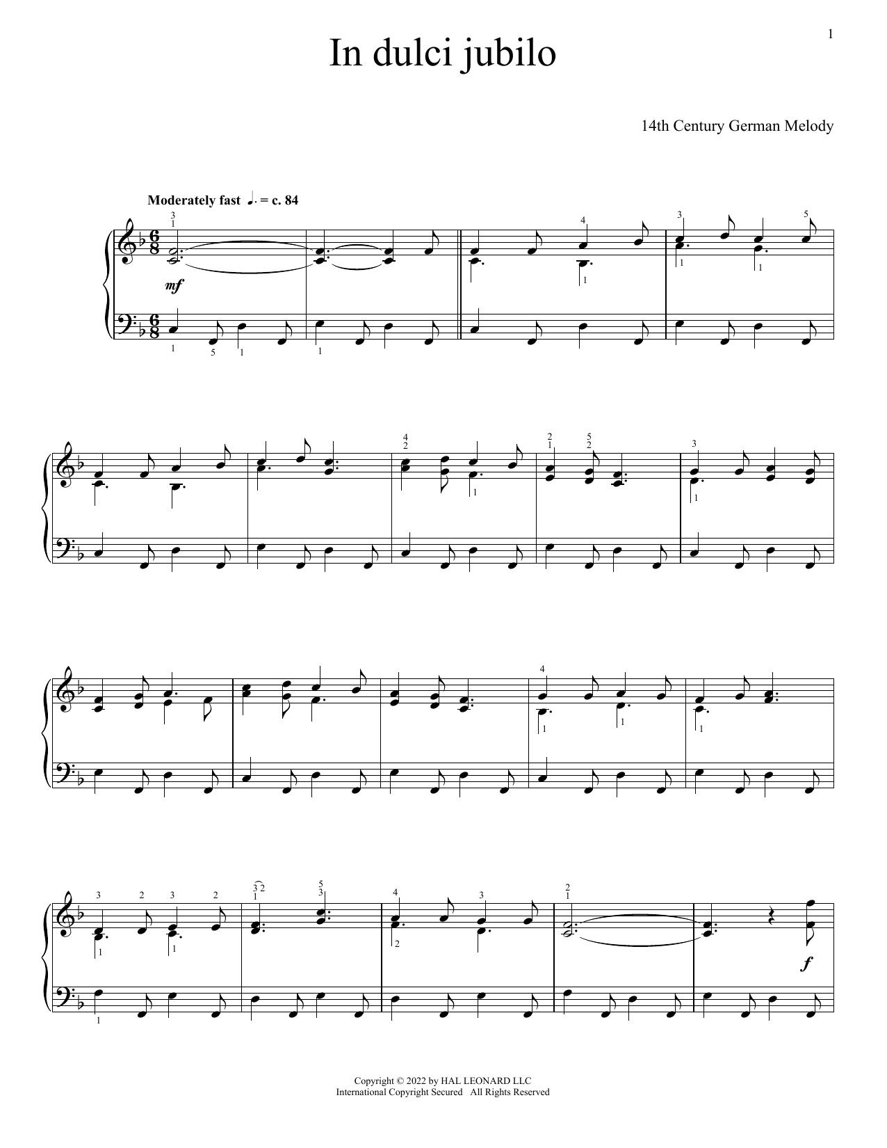 Download 14th Century German Melody In Dulci Jubilo Sheet Music and learn how to play Piano Solo PDF digital score in minutes