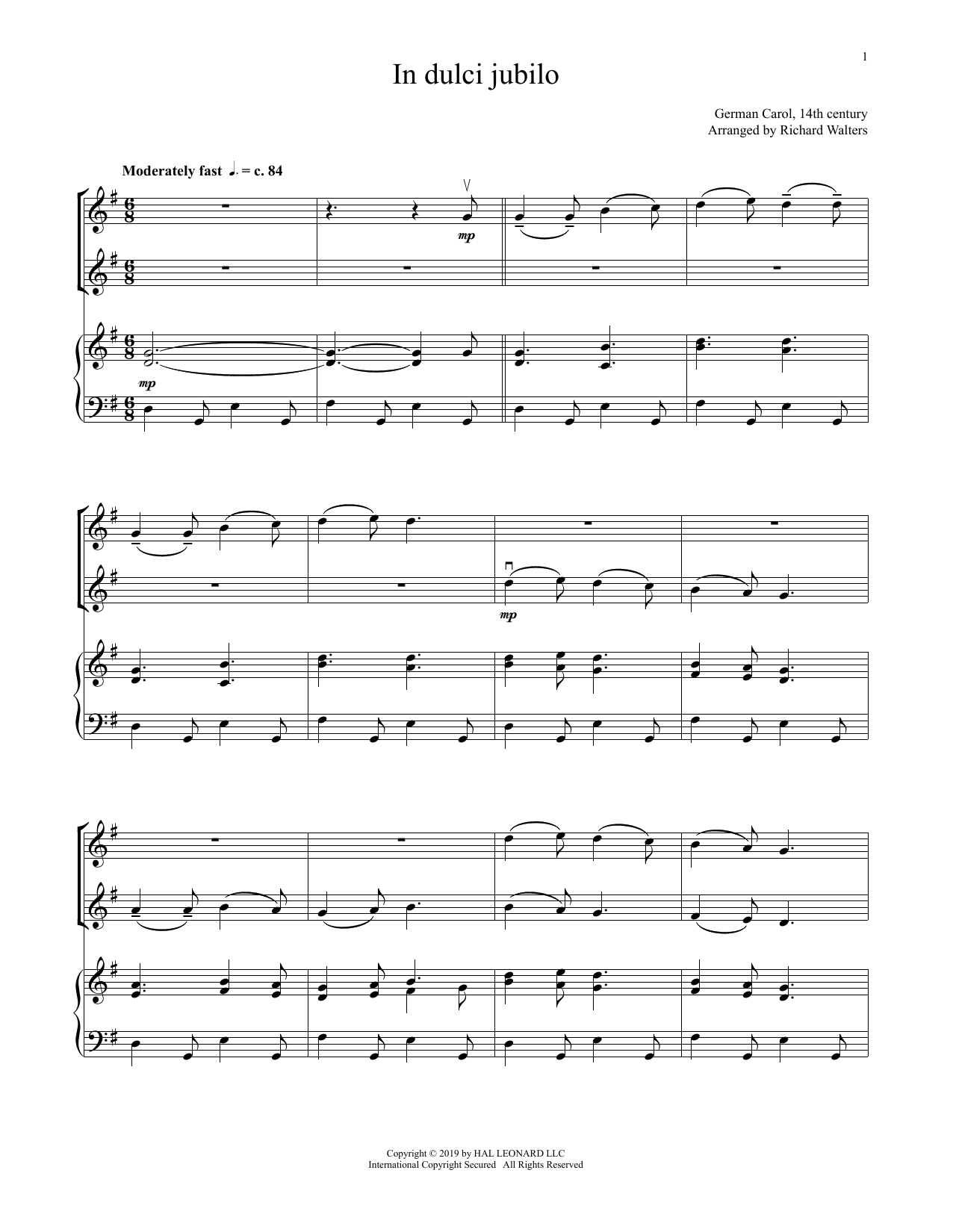 14th Century German Melody In Dulci Jubilo (for Violin Duet and Piano) Sheet Music