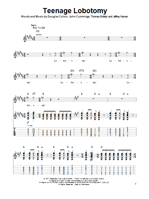 Learn to play Ramones Teenage Lobotomy sheet music for Guitar Tab in minutes. Ramones Teenage Lobotomy sheet music notes and chords. Download Printable PDF.