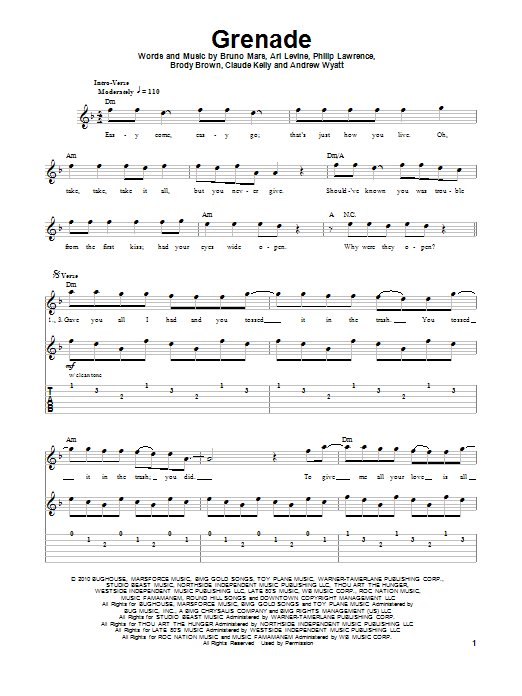 Learn to play Bruno Mars Grenade sheet music for Guitar Tab in minutes. Bruno Mars Grenade sheet music notes and chords. Download Printable PDF.