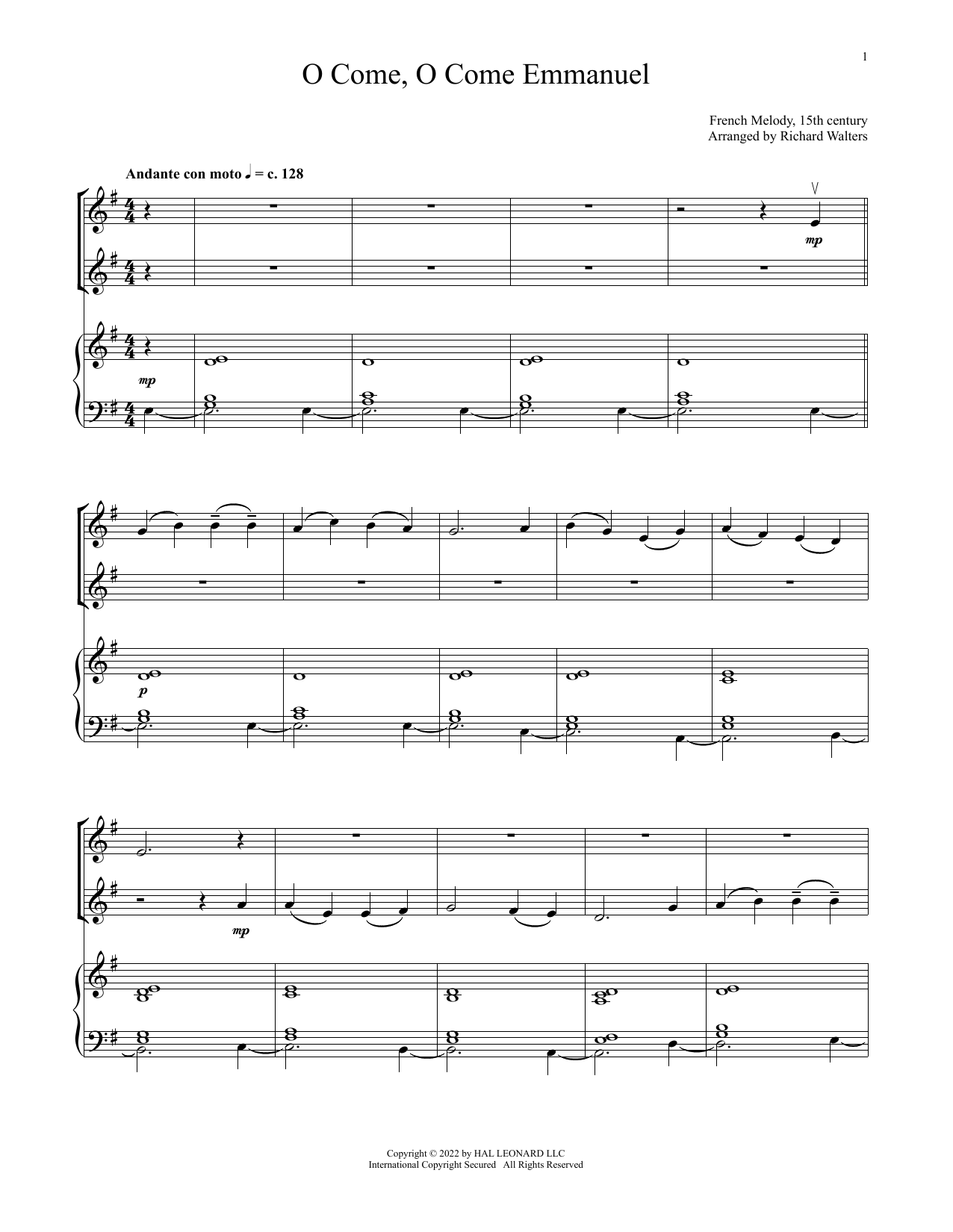 Download 15th Century French Melody O Come, O Come, Emmanuel (for Violin Duet and Piano) Sheet Music and learn how to play Violin and Piano PDF digital score in minutes