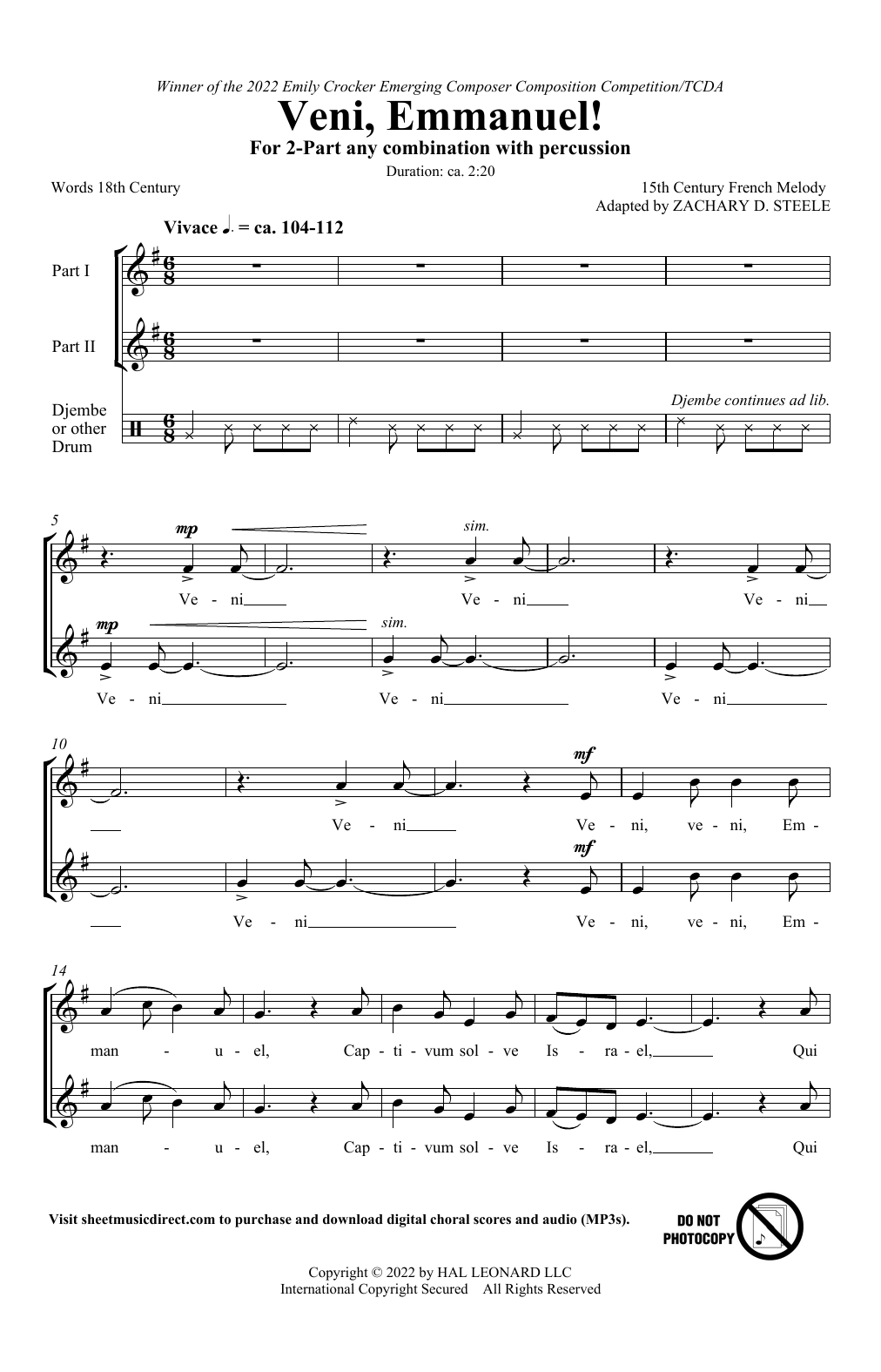 Download 15th Century French Melody Veni, Emmanuel! (arr. Zachary Steele) Sheet Music and learn how to play 2-Part Choir PDF digital score in minutes