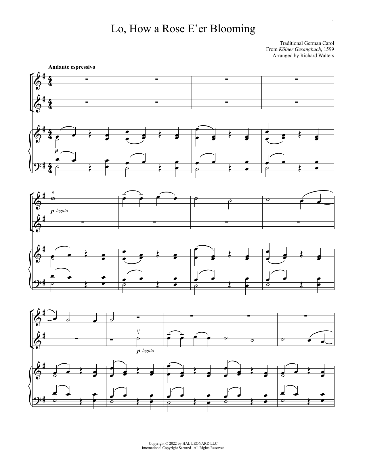 Download 15th Century German Carol Lo, How A Rose E'er Blooming (for Violin Duet and Piano) Sheet Music and learn how to play Violin and Piano PDF digital score in minutes