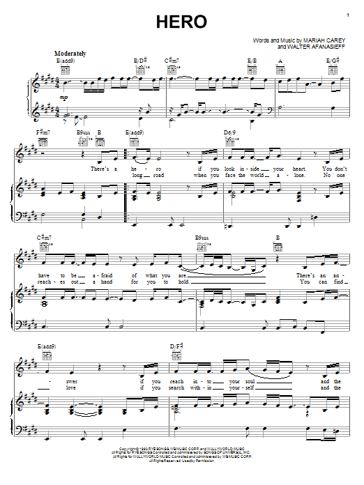 Learn to play Mariah Carey Hero sheet music for Piano, Vocal & Guitar (Right-Hand Melody) in minutes. Mariah Carey Hero sheet music notes and chords. Download Printable PDF.