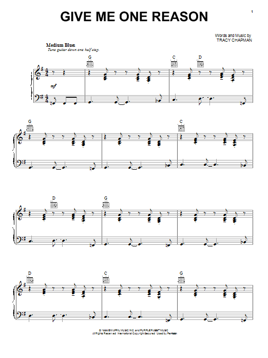 Learn to play Tracy Chapman Give Me One Reason sheet music for Piano, Vocal & Guitar (Right-Hand Melody) in minutes. Tracy Chapman Give Me One Reason sheet music notes and chords. Download Printable PDF.