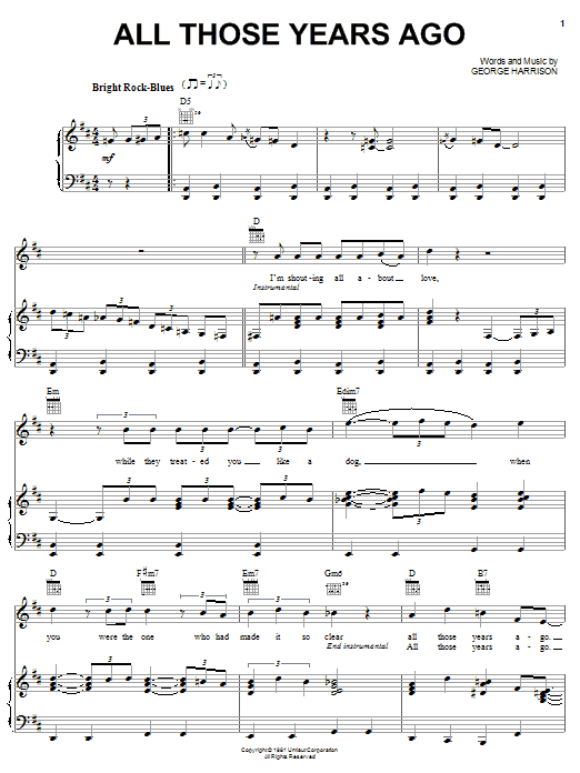 Learn to play George Harrison All Those Years Ago sheet music for Piano, Vocal & Guitar (Right-Hand Melody) in minutes. George Harrison All Those Years Ago sheet music notes and chords. Download Printable PDF.