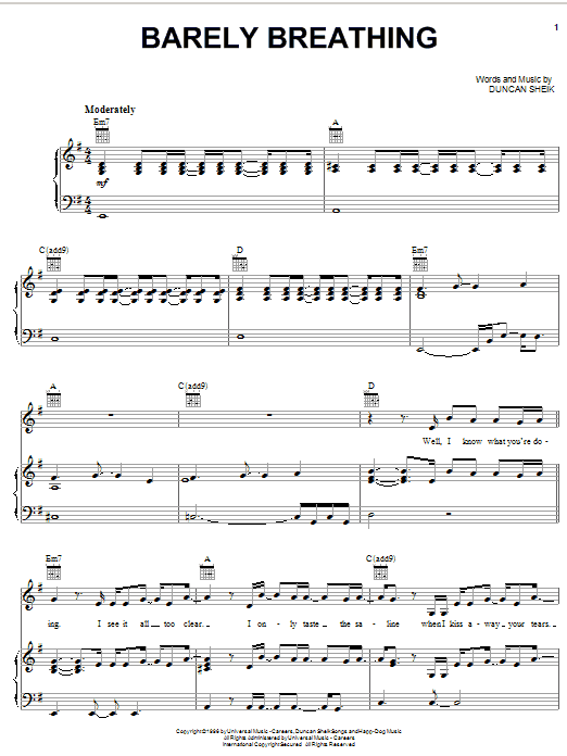 Learn to play Duncan Sheik Barely Breathing sheet music for Piano, Vocal & Guitar (Right-Hand Melody) in minutes. Duncan Sheik Barely Breathing sheet music notes and chords. Download Printable PDF.