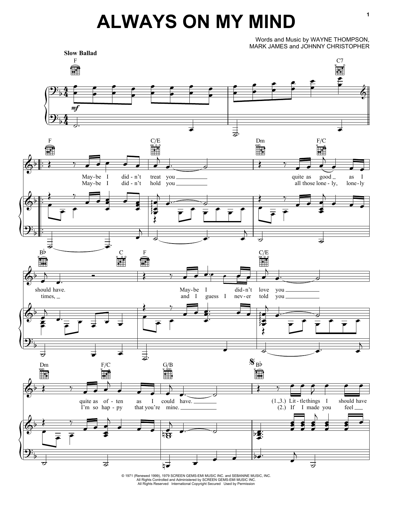 Learn to play Elvis Presley Always On My Mind sheet music for Piano, Vocal & Guitar (Right-Hand Melody) in minutes. Elvis Presley Always On My Mind sheet music notes and chords. Download Printable PDF.