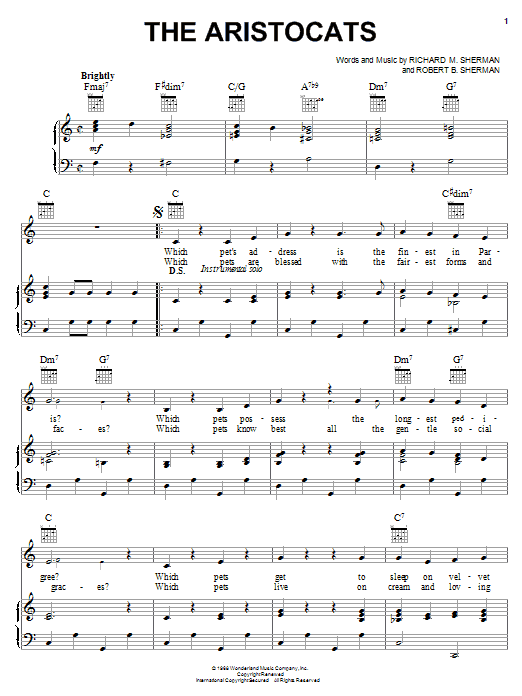 Learn to play Sherman Brothers The Aristocats sheet music for Piano, Vocal & Guitar (Right-Hand Melody) in minutes. Sherman Brothers The Aristocats sheet music notes and chords. Download Printable PDF.