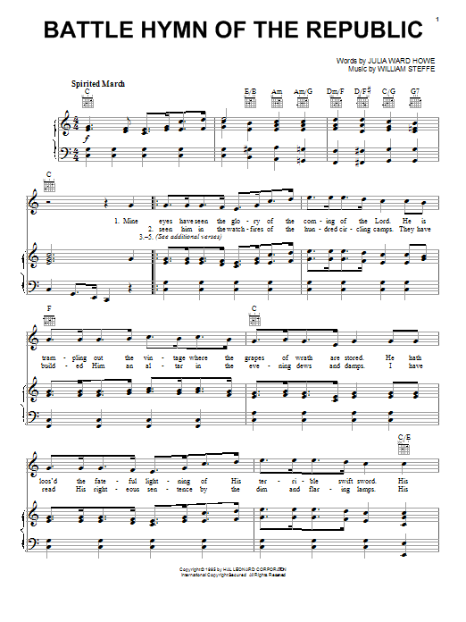 Learn to play Julia Ward Howe Battle Hymn Of The Republic sheet music for Piano, Vocal & Guitar (Right-Hand Melody) in minutes. Julia Ward Howe Battle Hymn Of The Republic sheet music notes and chords. Download Printable PDF.