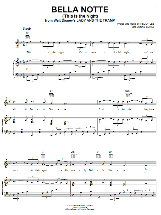 Learn to play Peggy Lee Bella Notte (This Is The Night) (from Lady and the Tramp) sheet music for Piano, Vocal & Guitar (Right-Hand Melody) in minutes. Peggy Lee Bella Notte (This Is The Night) (from Lady and the Tramp) sheet music notes and chords. Download Printable PDF.