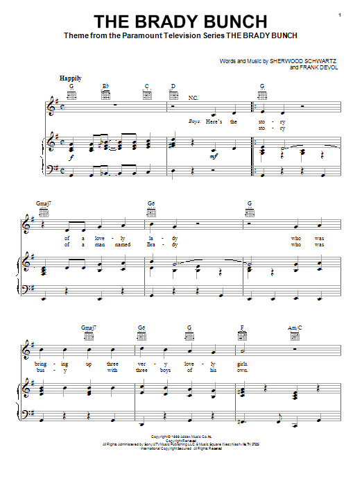 Learn to play Sherwood Schwartz The Brady Bunch sheet music for Piano, Vocal & Guitar (Right-Hand Melody) in minutes. Sherwood Schwartz The Brady Bunch sheet music notes and chords. Download Printable PDF.