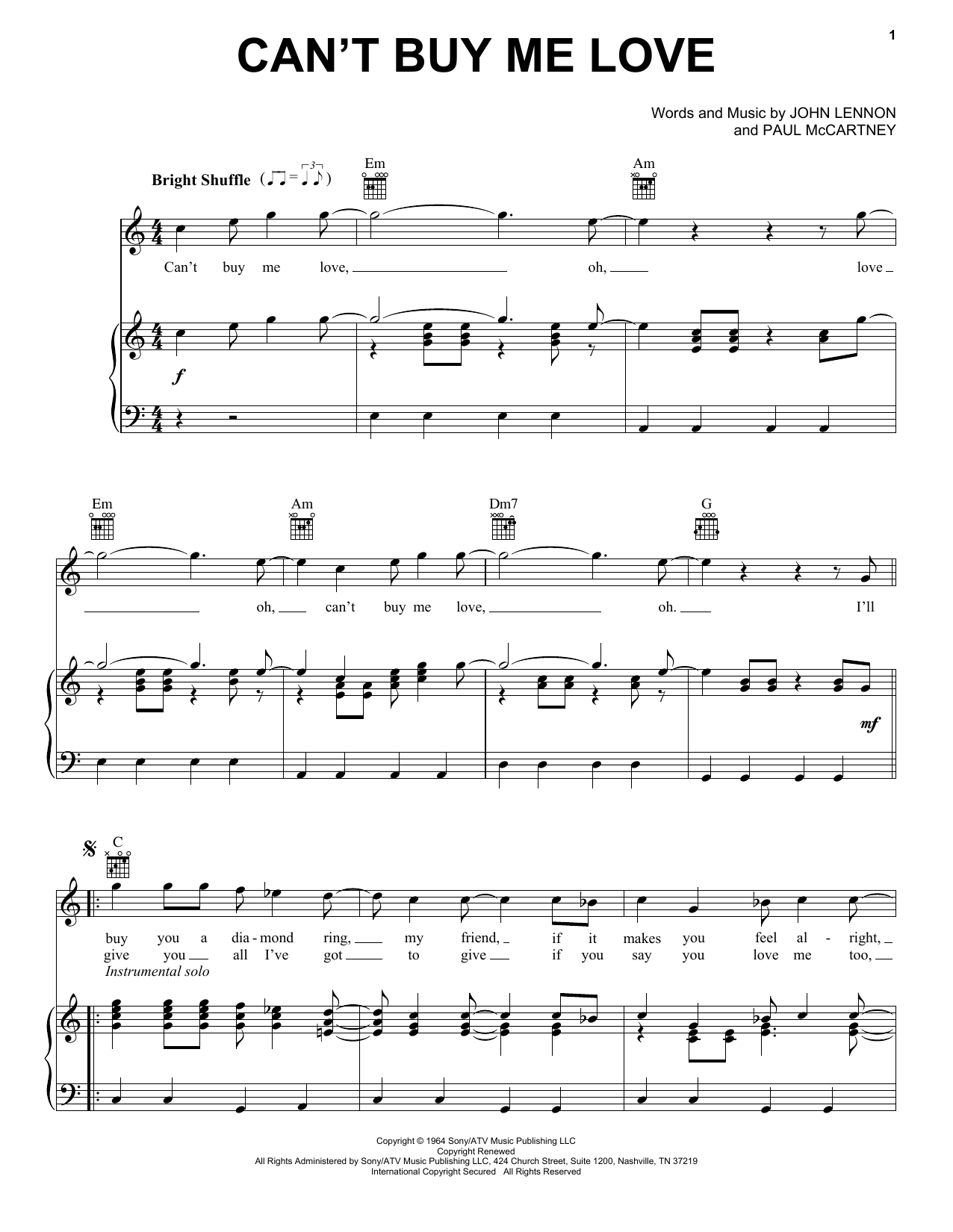 Learn to play The Beatles Can't Buy Me Love sheet music for Piano, Vocal & Guitar (Right-Hand Melody) in minutes. The Beatles Can't Buy Me Love sheet music notes and chords. Download Printable PDF.