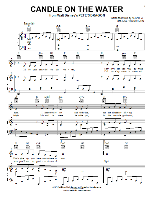 Learn to play Kasha & Hirschhorn Candle On The Water (from Walt Disney's Pete's Dragon) sheet music for Piano, Vocal & Guitar (Right-Hand Melody) in minutes. Kasha & Hirschhorn Candle On The Water (from Walt Disney's Pete's Dragon) sheet music notes and chords. Download Printable PDF.