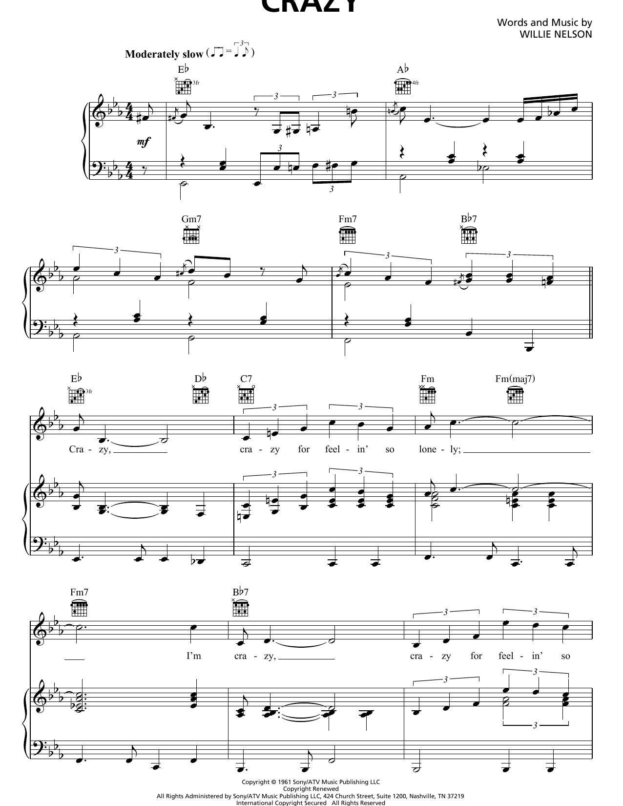 Learn to play Patsy Cline Crazy sheet music for Piano, Vocal & Guitar (Right-Hand Melody) in minutes. Patsy Cline Crazy sheet music notes and chords. Download Printable PDF.