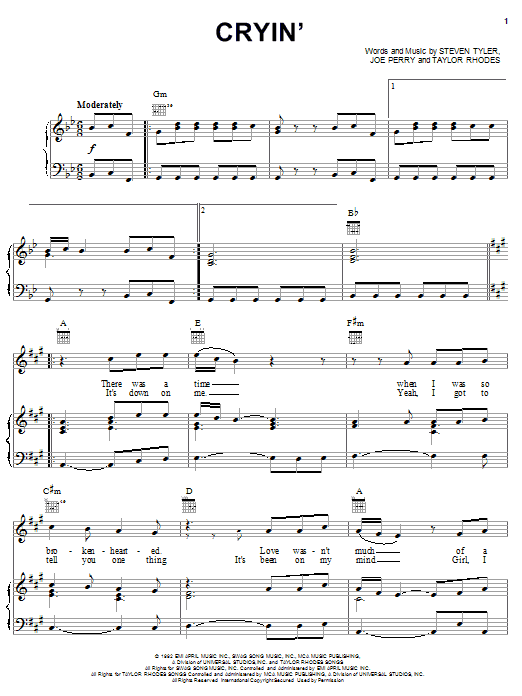 Learn to play Aerosmith Cryin' sheet music for Piano, Vocal & Guitar (Right-Hand Melody) in minutes. Aerosmith Cryin' sheet music notes and chords. Download Printable PDF.